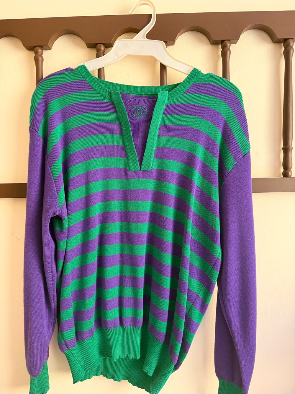 Striped Green & Purple Womens Sweater - Classic V-Notch Pullover